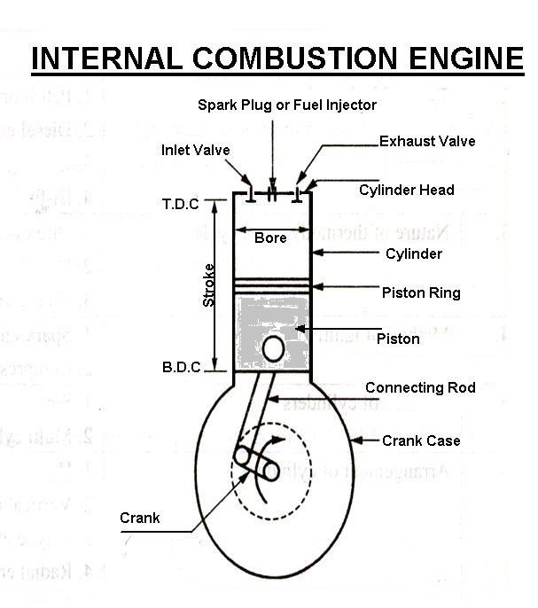 Draw a neat diagram of the petrol engine and label the following parts :a)  Piston b) Spark plug c) Crank shaft